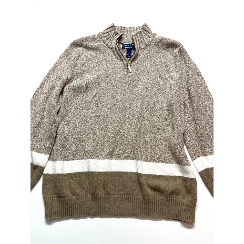 Karen Scott Womens XL Brown White Colorblock 1/4 Zip Cotton Sweater 0296